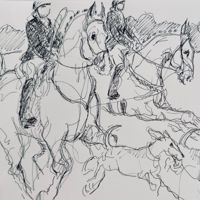 a Drawing of horses and Jockeys