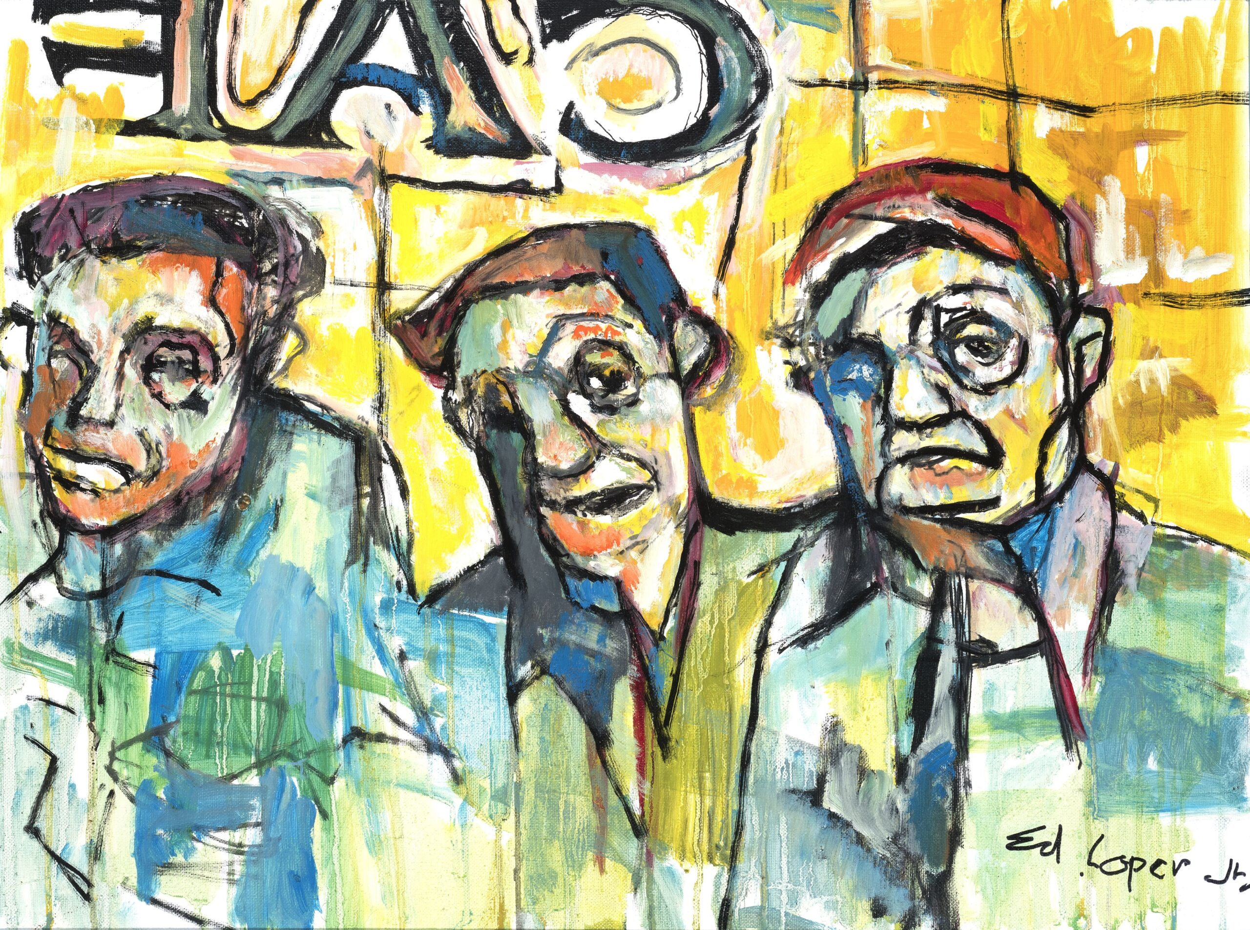 Abstract painting titled 'The Breakfast Club' by Ed Loper Jr., depicting three expressive figures with exaggerated facial features. The background is vibrant, with shades of yellow, blue, and green, creating a lively, textured atmosphere. The figures wear various expressions, ranging from neutral to slightly somber, adding depth and emotion to the piece.