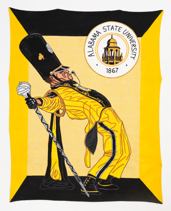 Keith Duncan Alabama State University Drum Major 2024 62 x 49 inches Acrylic, marker and fabric on unstretched canvas © Keith Duncan. Courtesy of the artist and Fort Gansevoort, New York