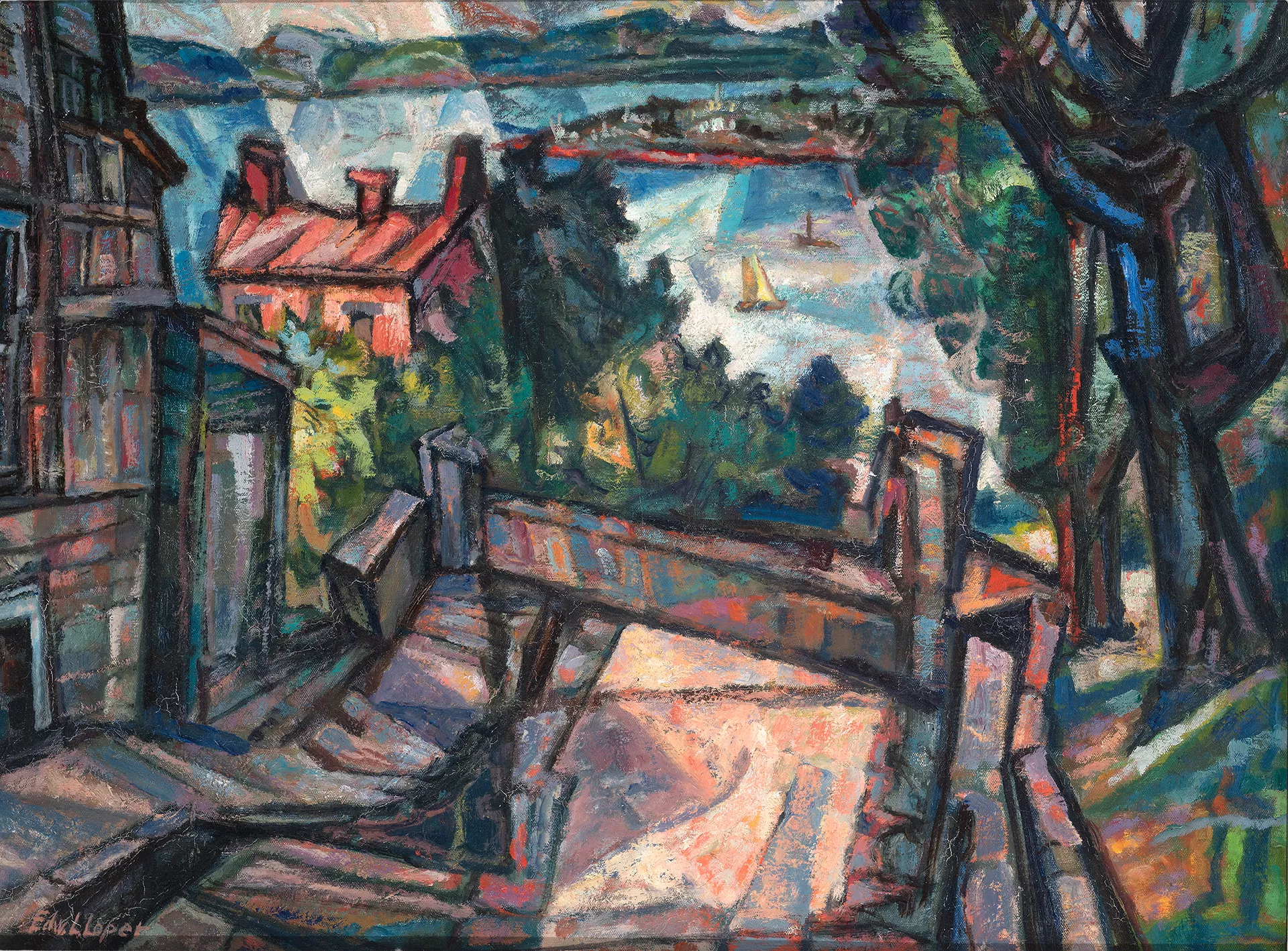 2023_18_3_Loper_End-of-the-Road-web Abstract landscape with a sloping path leading to a body of water, featuring buildings, greenery, and a sailboat in the distance.