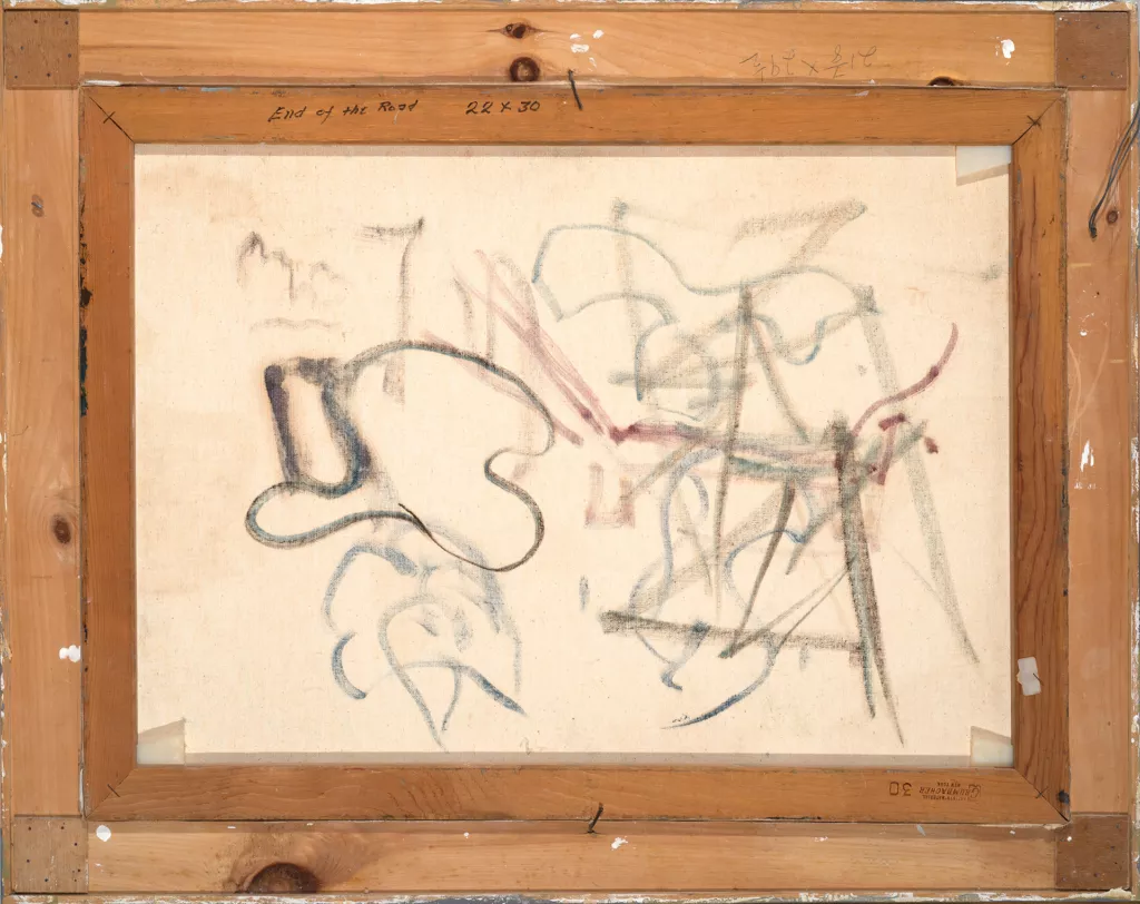 2023_18_3_Loper_End-of-the-Road_web- An abstract drawing on the back of the canvas, featuring dynamic lines and shapes in dark blue, black, and red. The wooden frame includes inscriptions indicating "End of the Road" and "22 x 30".