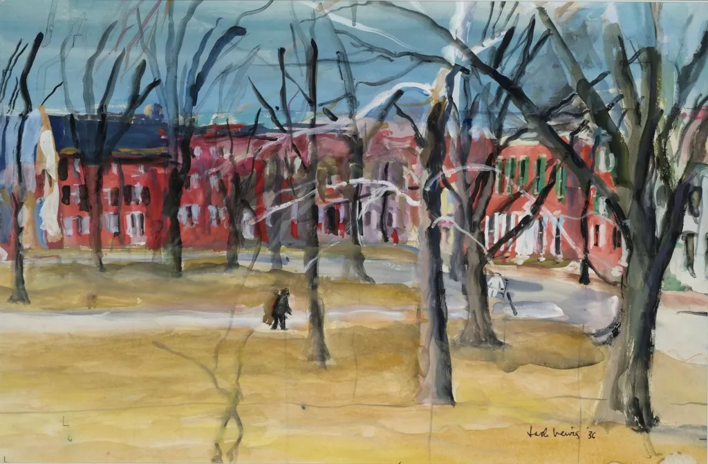 2008-5-5_Lewis_Dover-TheGreen-web Landscape of dormant trees, sparse throughout a park-like setting, red brick buildings in the background, a human silhouette walking on a central path, and another silhouette on a path towards the right side of the canvas facing left.